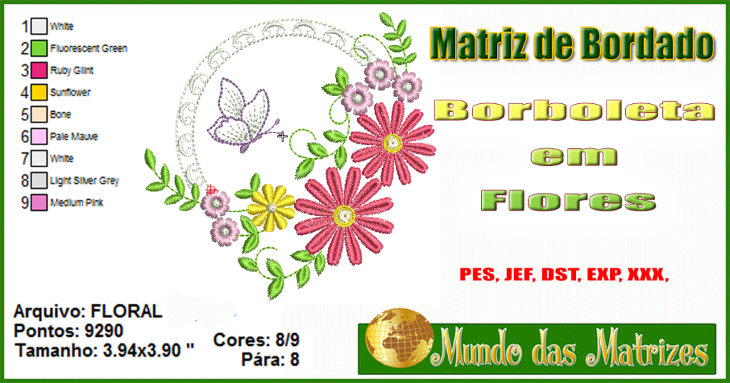 Matriz de bordado grátis Borboleta em flores